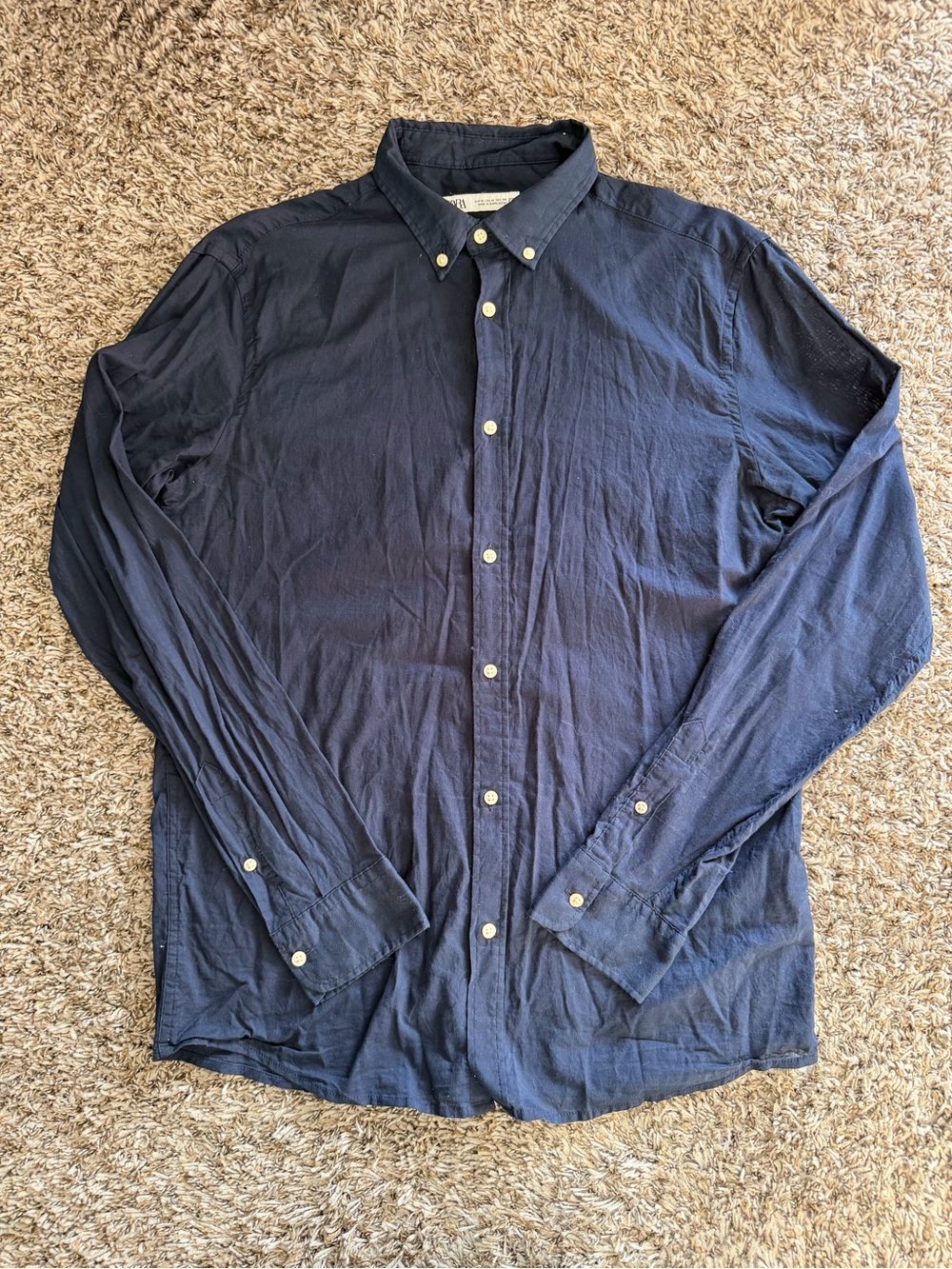 Zara Men's Navy Button-Down Long Sleeve 100% Cotton Shirt Size M